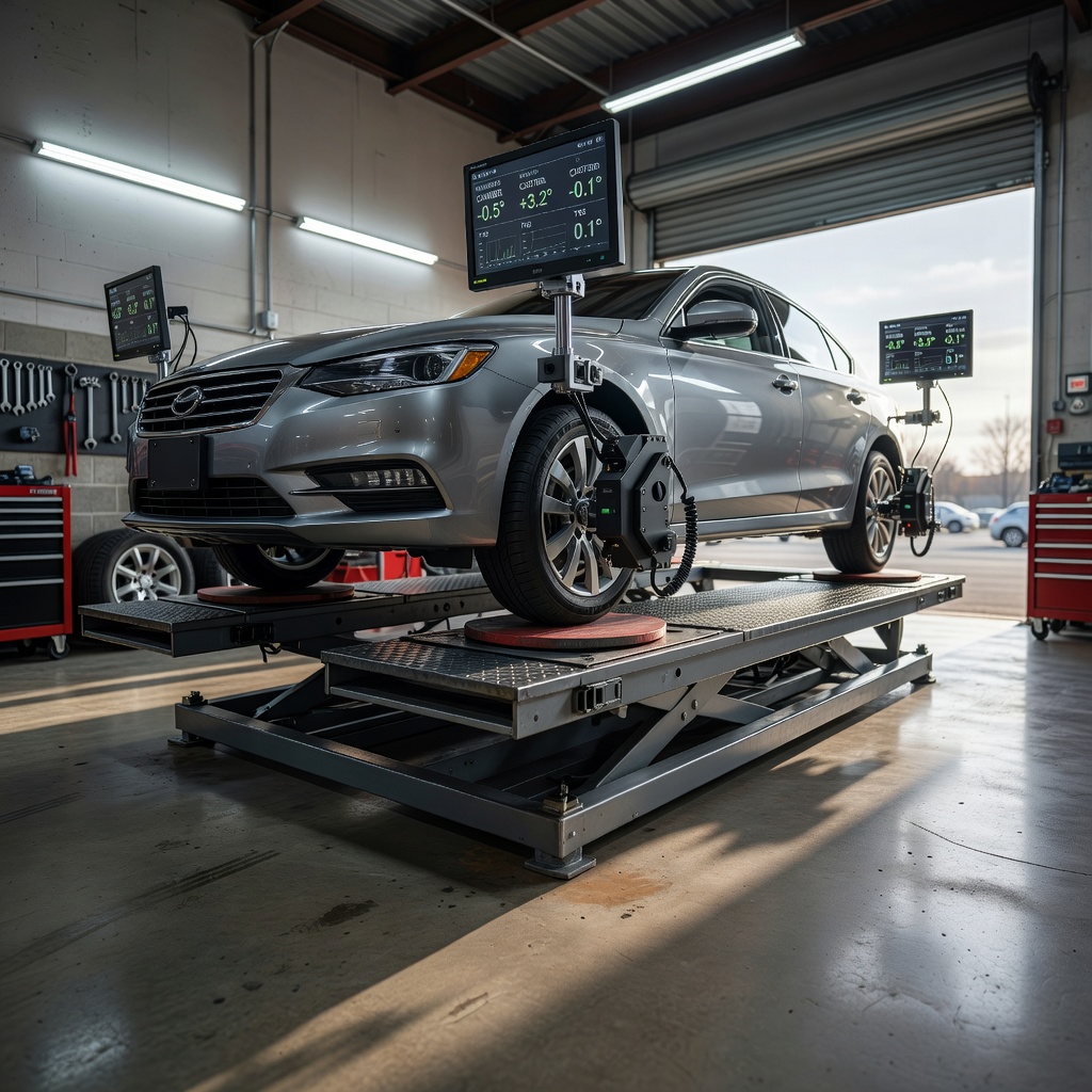 Professional wheel alignment rack in a workshop